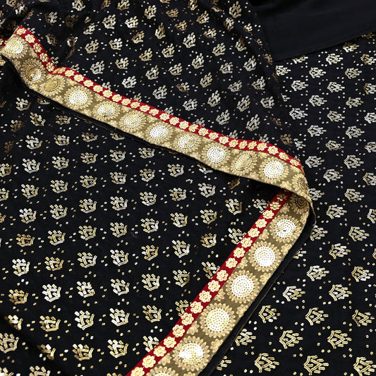 Indian Vintage Heavy Sari Black Pure Georgette Silk Hand Beaded Sarees Craft Fabric 5Yd Soft Ethnic Wedding Sarees