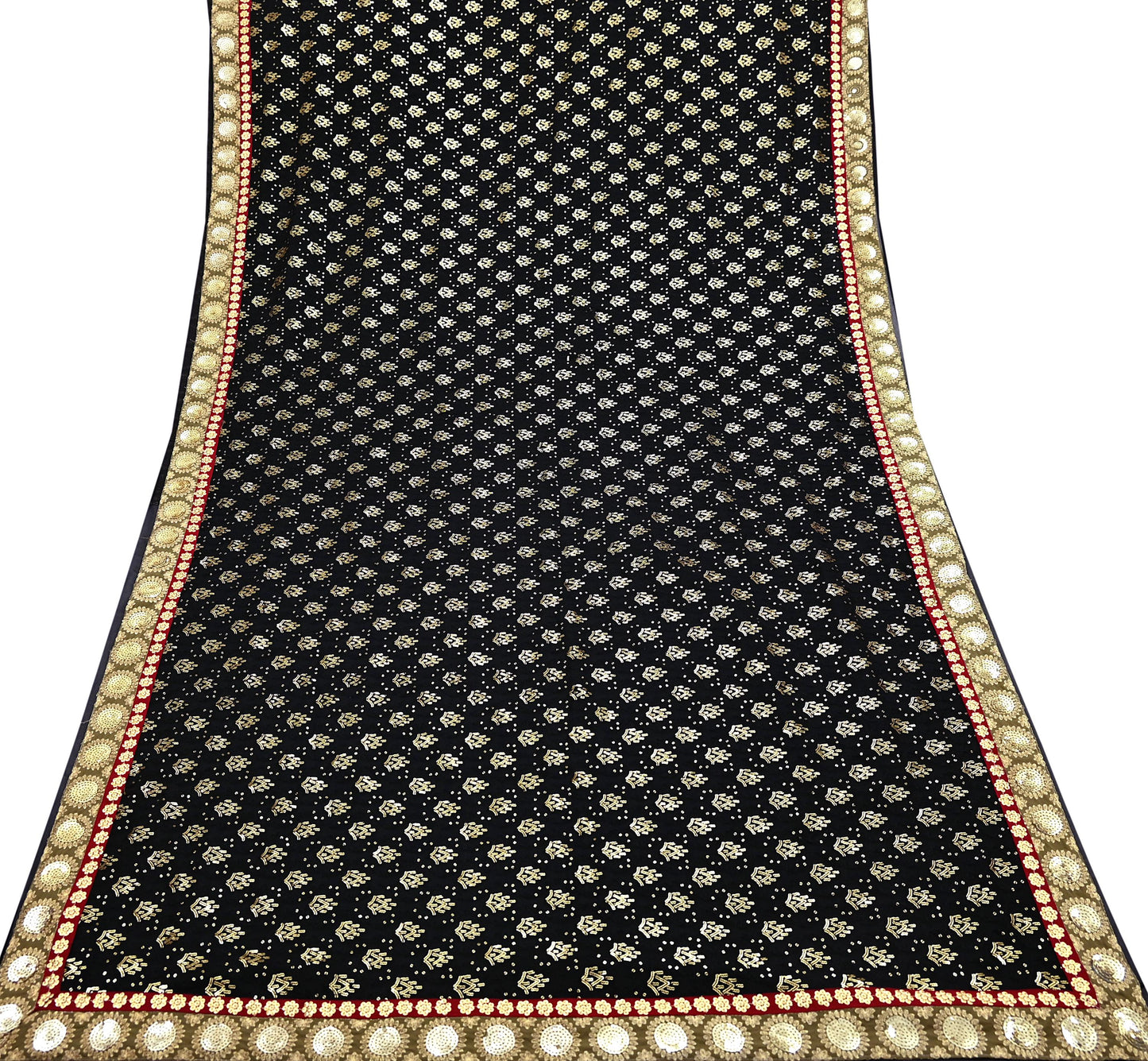 Indian Vintage Heavy Sari Black Pure Georgette Silk Hand Beaded Sarees Craft Fabric 5Yd Soft Ethnic Wedding Sarees