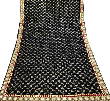 Indian Vintage Heavy Sari Black Pure Georgette Silk Hand Beaded Sarees Craft Fabric 5Yd Soft Ethnic Wedding Sarees