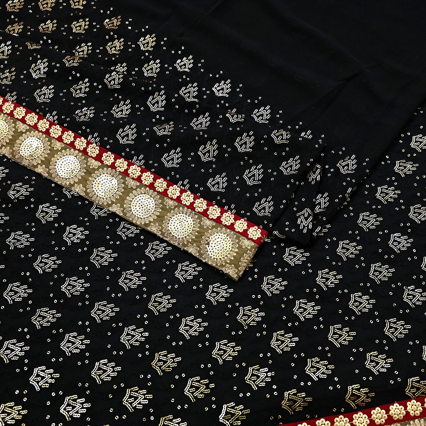 Indian Vintage Heavy Sari Black Pure Georgette Silk Hand Beaded Sarees Craft Fabric 5Yd Soft Ethnic Wedding Sarees