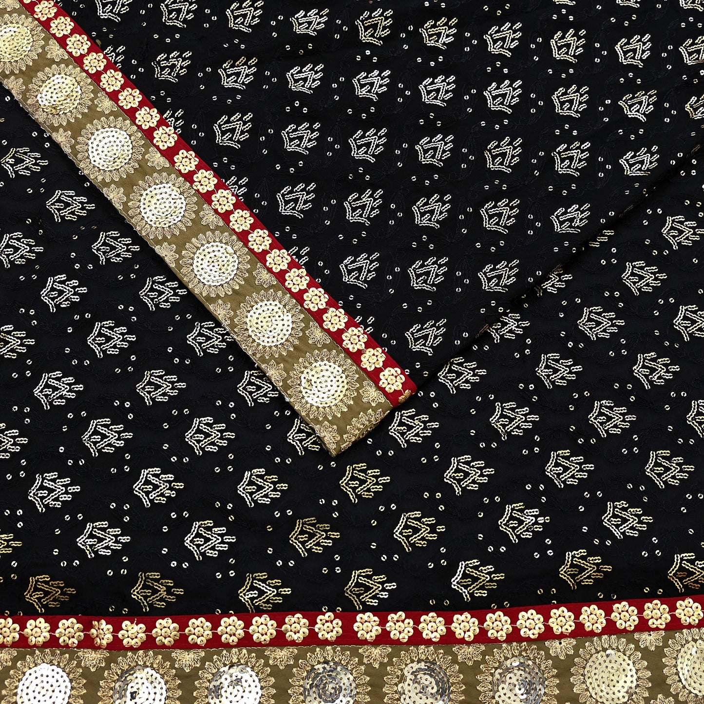 Indian Vintage Heavy Sari Black Pure Georgette Silk Hand Beaded Sarees Craft Fabric 5Yd Soft Ethnic Wedding Sarees