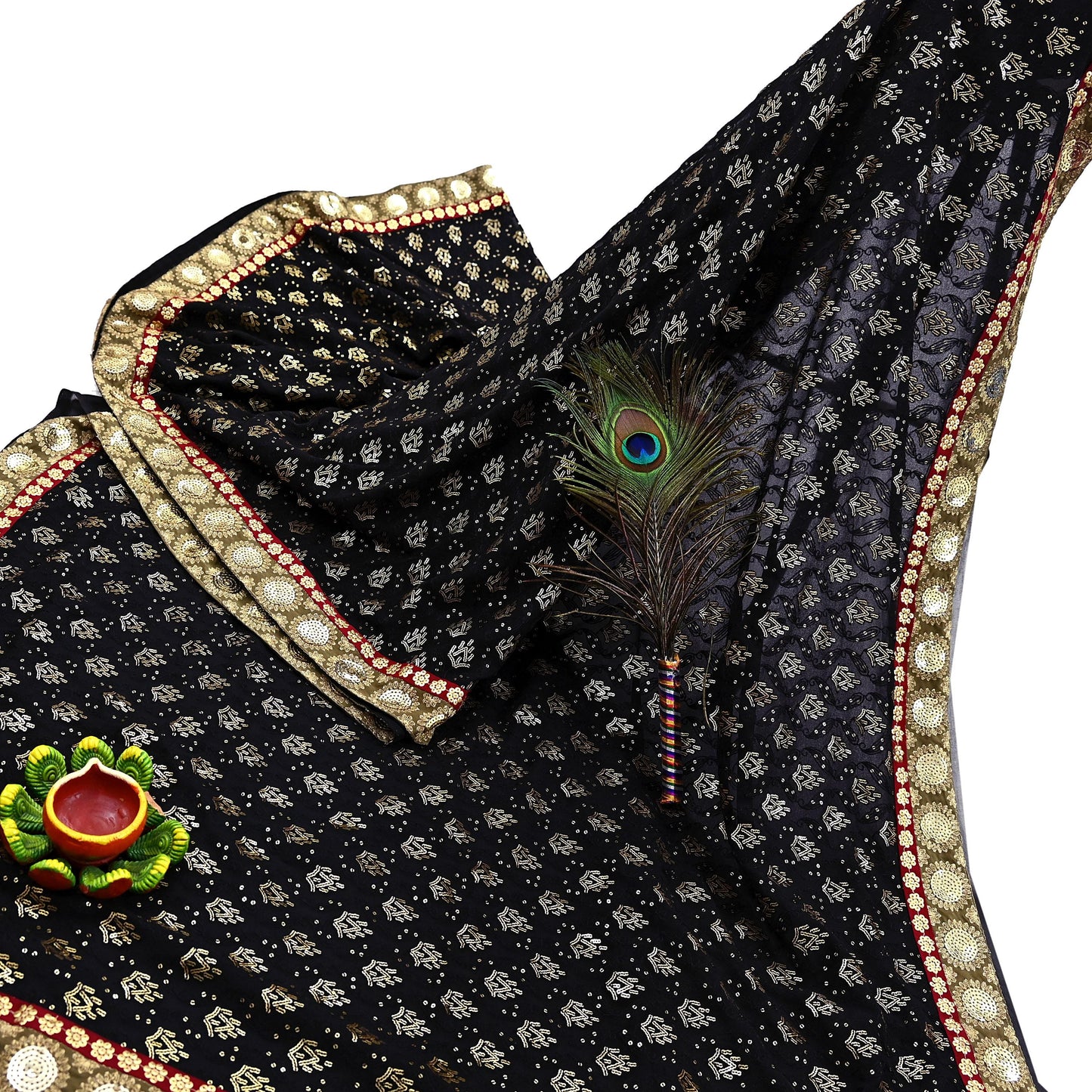 Indian Vintage Heavy Sari Black Pure Georgette Silk Hand Beaded Sarees Craft Fabric 5Yd Soft Ethnic Wedding Sarees