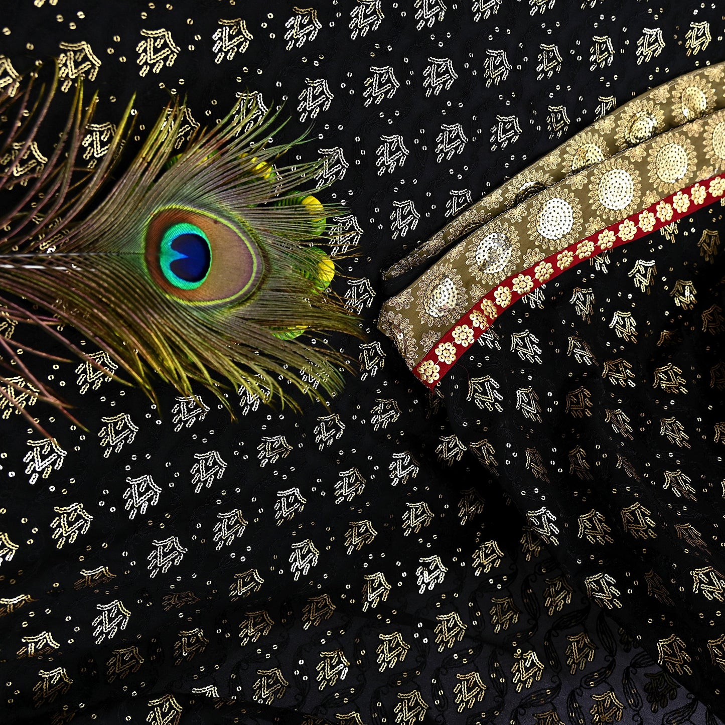 Indian Vintage Heavy Sari Black Pure Georgette Silk Hand Beaded Sarees Craft Fabric 5Yd Soft Ethnic Wedding Sarees