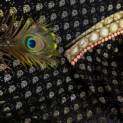 Indian Vintage Heavy Sari Black Pure Georgette Silk Hand Beaded Sarees Craft Fabric 5Yd Soft Ethnic Wedding Sarees