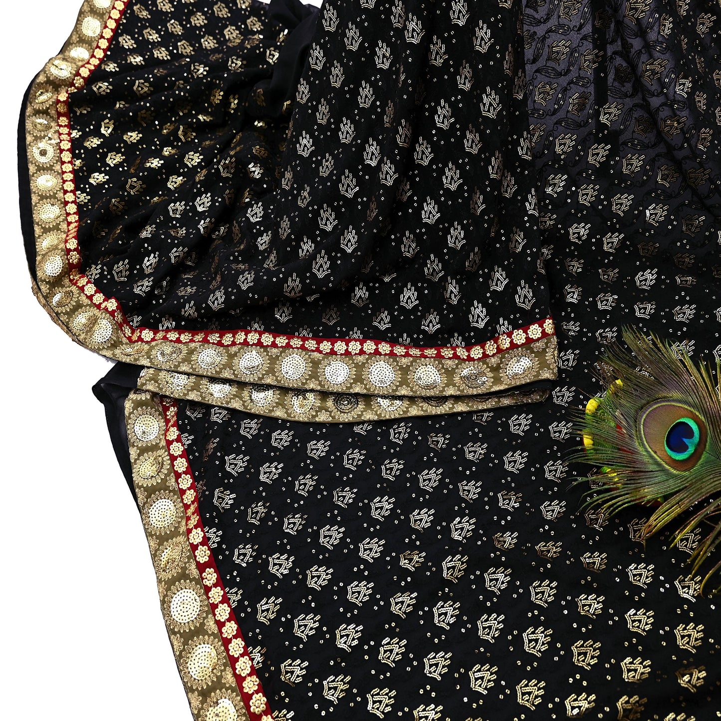 Indian Vintage Heavy Sari Black Pure Georgette Silk Hand Beaded Sarees Craft Fabric 5Yd Soft Ethnic Wedding Sarees