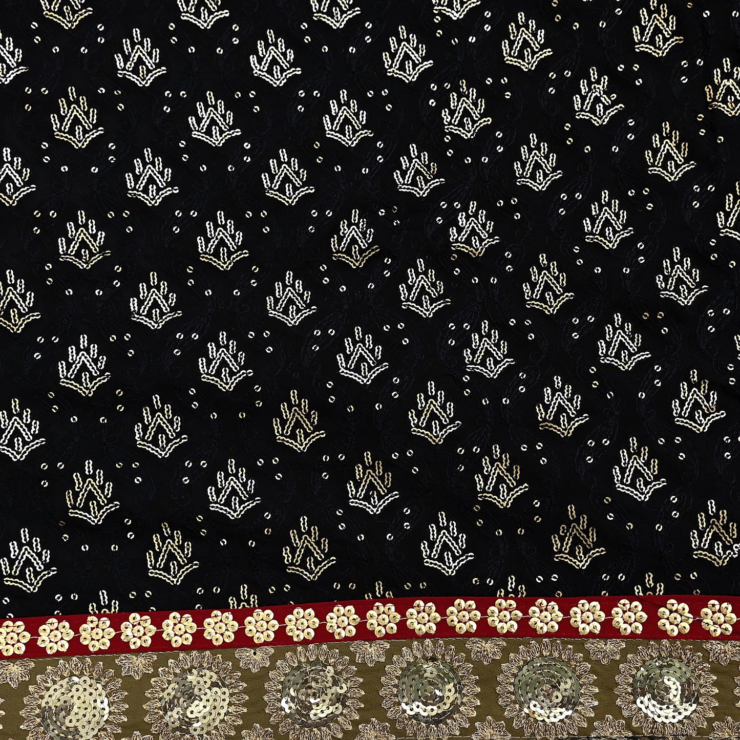 Indian Vintage Heavy Sari Black Pure Georgette Silk Hand Beaded Sarees Craft Fabric 5Yd Soft Ethnic Wedding Sarees