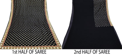 Indian Vintage Heavy Sari Black Pure Georgette Silk Hand Beaded Sarees Craft Fabric 5Yd Soft Ethnic Wedding Sarees