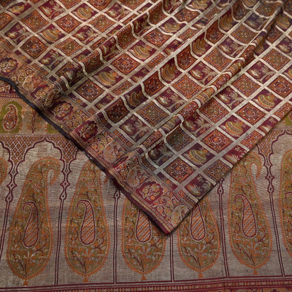 Vintage Maroon Pure Silk Saree Handwoven Indian Banarasi Fabric 5Yd Woven Zari Wedding Sari Soft Ethnic Dressmaking Craft Material