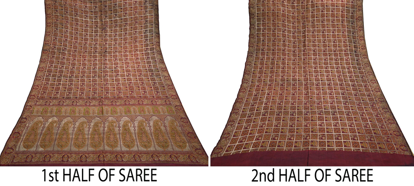 Vintage Maroon Pure Silk Saree Handwoven Indian Banarasi Fabric 5Yd Woven Zari Wedding Sari Soft Ethnic Dressmaking Craft Material