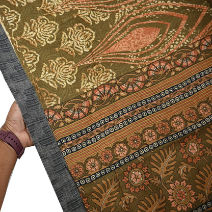 Vintage Green Woolen Printed Saree 5Yd Soft Pure Wool Woven Sari Fabric Warm Craft Material Winter Wrap Boho Indian Textile Christmas Gift