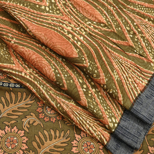 Vintage Green Woolen Printed Saree 5Yd Soft Pure Wool Woven Sari Fabric Warm Craft Material Winter Wrap Boho Indian Textile Christmas Gift