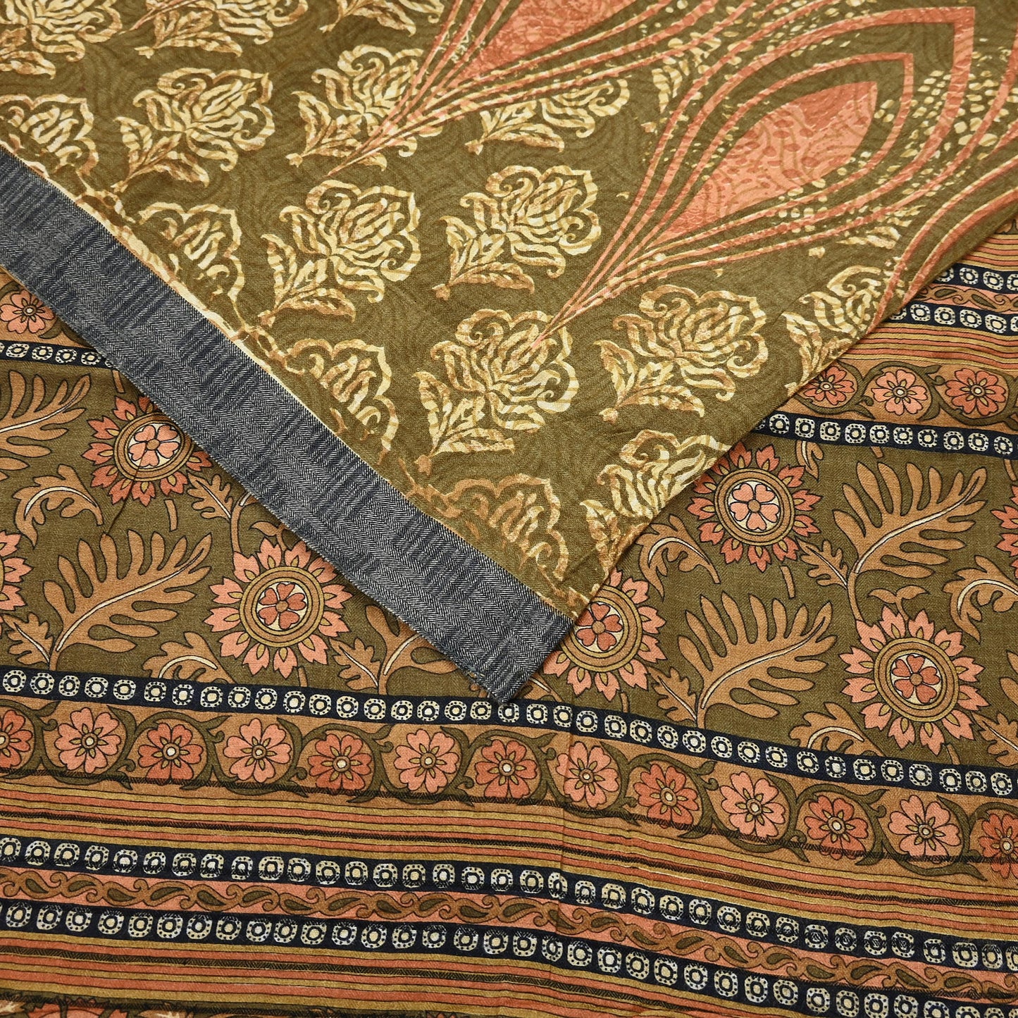 Vintage Green Woolen Printed Saree 5Yd Soft Pure Wool Woven Sari Fabric Warm Craft Material Winter Wrap Boho Indian Textile Christmas Gift