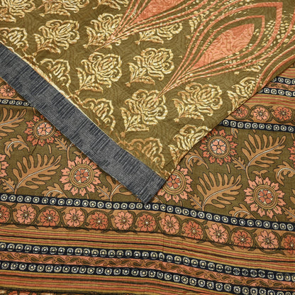 Vintage Green Woolen Printed Saree 5Yd Soft Pure Wool Woven Sari Fabric Warm Craft Material Winter Wrap Boho Indian Textile Christmas Gift