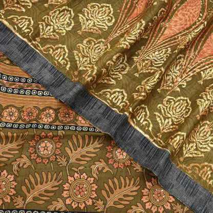 Vintage Green Woolen Printed Saree 5Yd Soft Pure Wool Woven Sari Fabric Warm Craft Material Winter Wrap Boho Indian Textile Christmas Gift