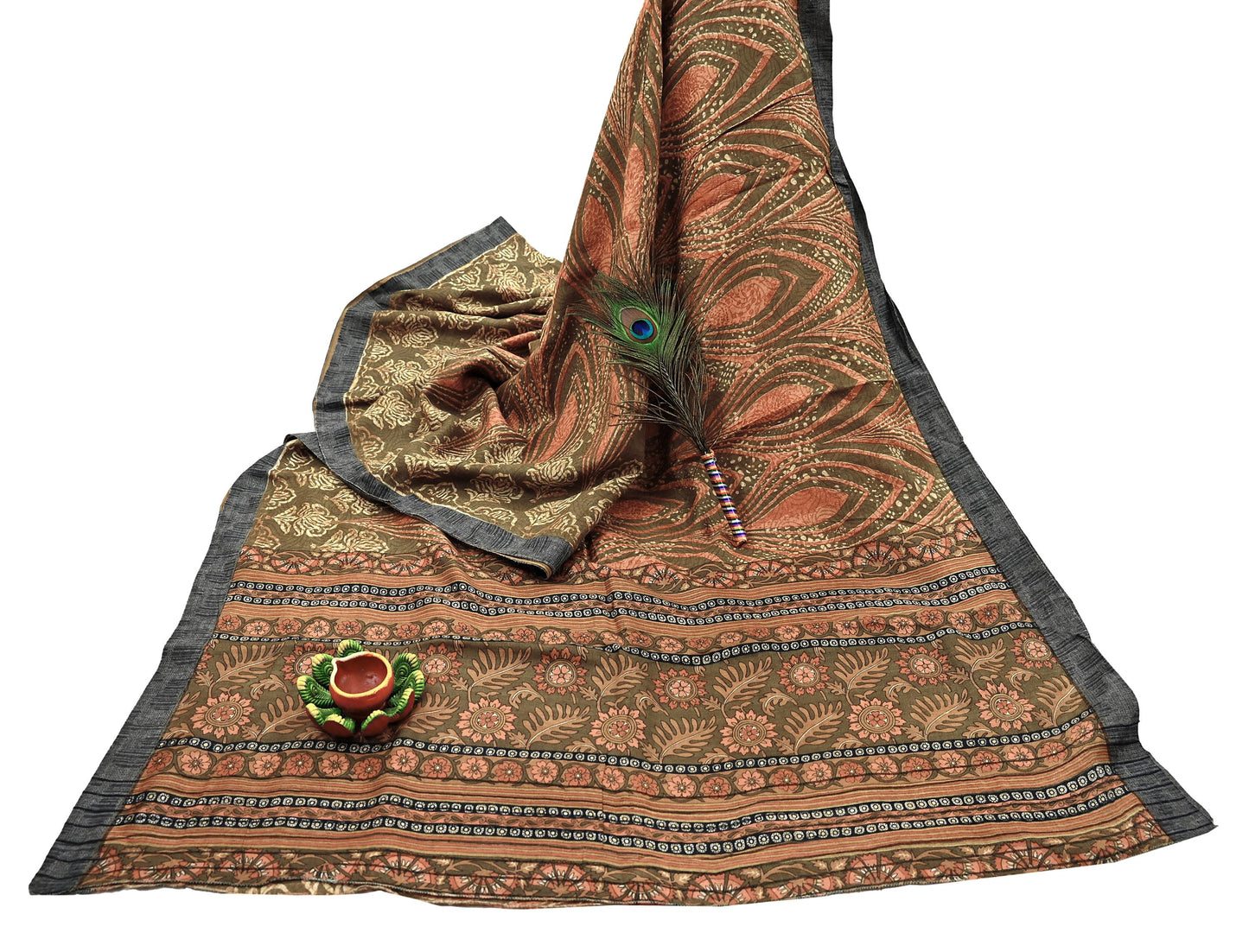 Vintage Green Woolen Printed Saree 5Yd Soft Pure Wool Woven Sari Fabric Warm Craft Material Winter Wrap Boho Indian Textile Christmas Gift