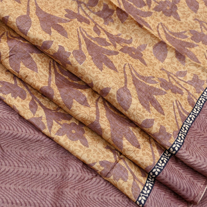 Vintage Brown Beige Pure Khadi Silk Saree 5Yd Handloom Printed Sari Fabric Pure Silk Boho Textile Eco Friendly Dressmaking Christmas Gift