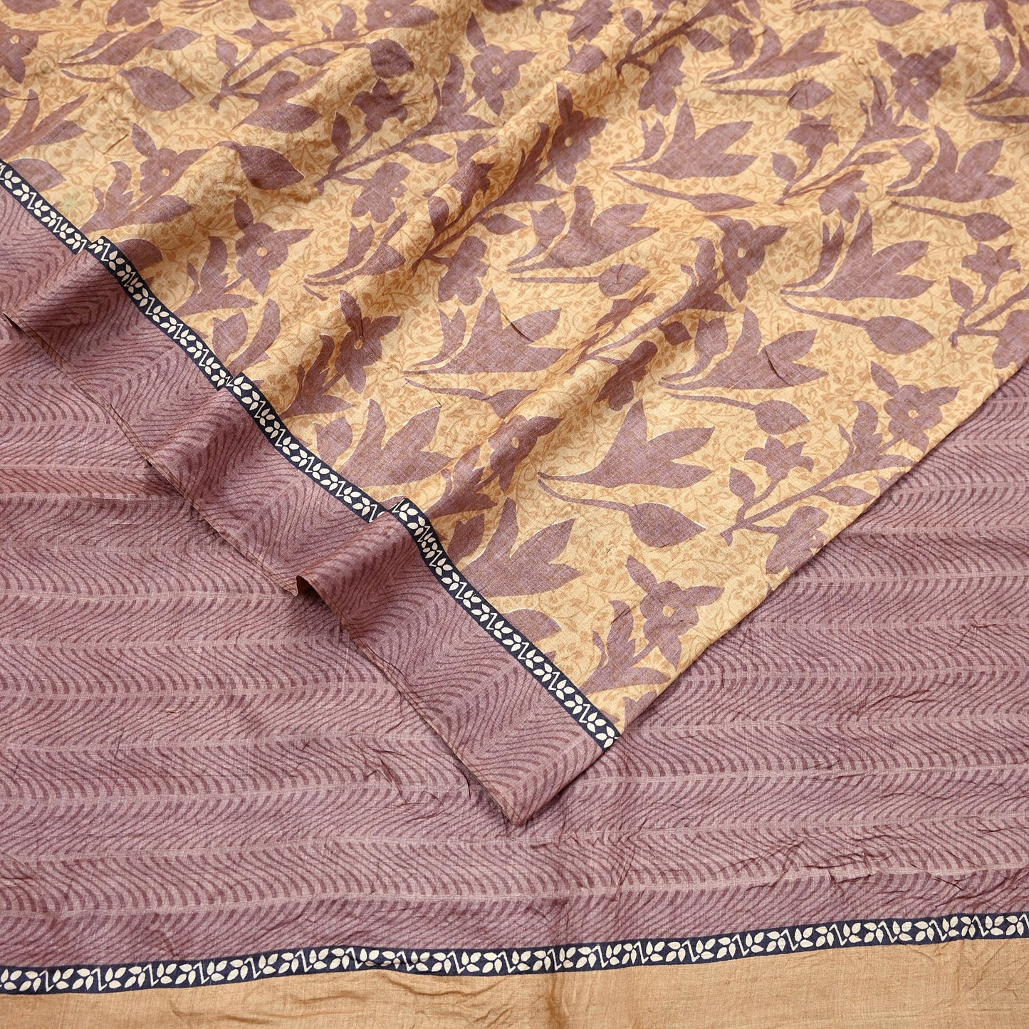 Vintage Brown Beige Pure Khadi Silk Saree 5Yd Handloom Printed Sari Fabric Pure Silk Boho Textile Eco Friendly Dressmaking Christmas Gift