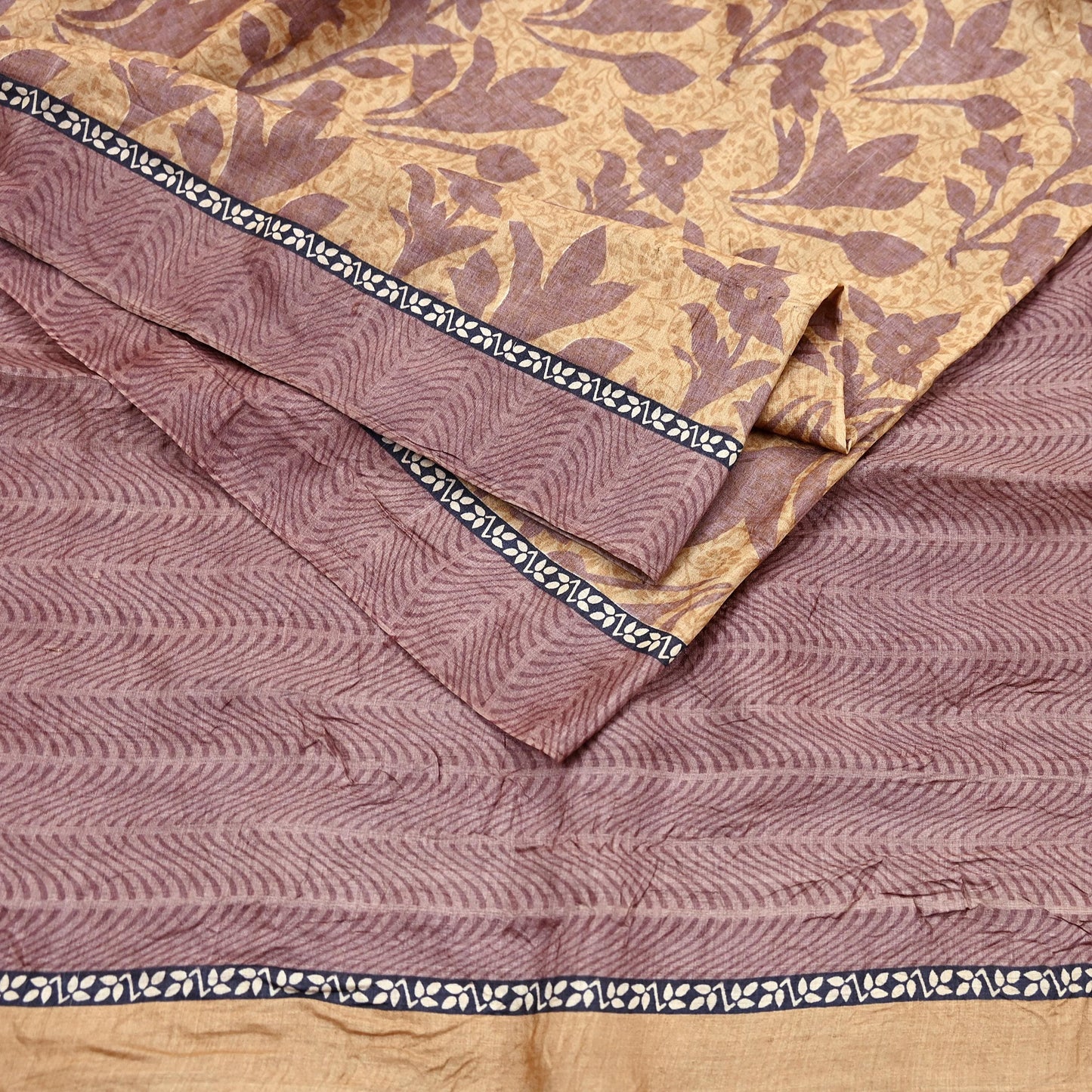 Vintage Brown Beige Pure Khadi Silk Saree 5Yd Handloom Printed Sari Fabric Pure Silk Boho Textile Eco Friendly Dressmaking Christmas Gift