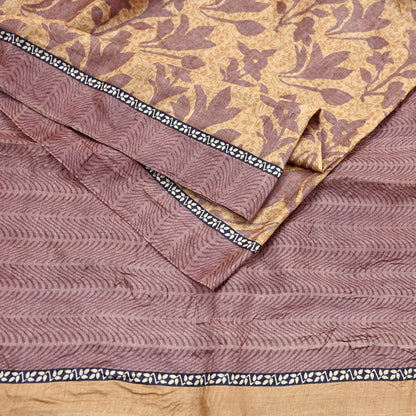 Vintage Brown Beige Pure Khadi Silk Saree 5Yd Handloom Printed Sari Fabric Pure Silk Boho Textile Eco Friendly Dressmaking Christmas Gift