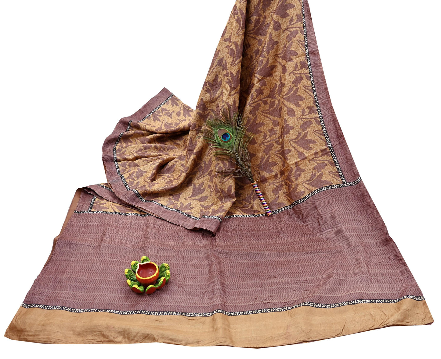 Vintage Brown Beige Pure Khadi Silk Saree 5Yd Handloom Printed Sari Fabric Pure Silk Boho Textile Eco Friendly Dressmaking Christmas Gift