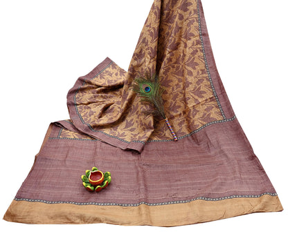 Vintage Brown Beige Pure Khadi Silk Saree 5Yd Handloom Printed Sari Fabric Pure Silk Boho Textile Eco Friendly Dressmaking Christmas Gift