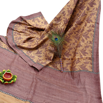 Vintage Brown Beige Pure Khadi Silk Saree 5Yd Handloom Printed Sari Fabric Pure Silk Boho Textile Eco Friendly Dressmaking Christmas Gift