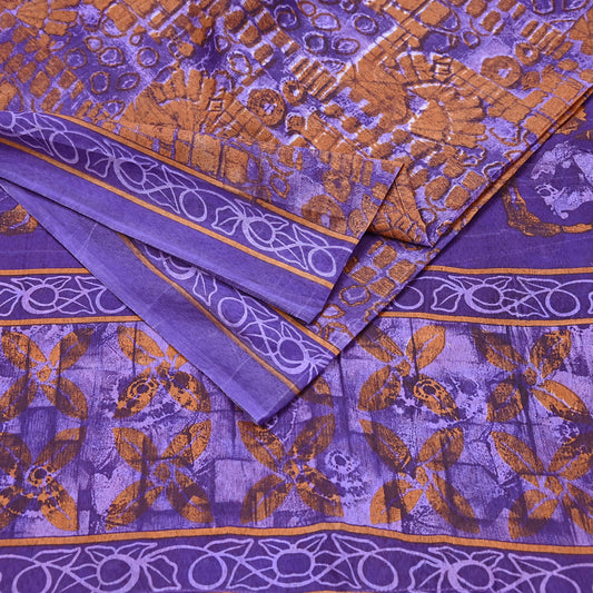 Vintage purple & Mustard saree pure cotton printed sari 5yard fabric wesing sarong crafting
