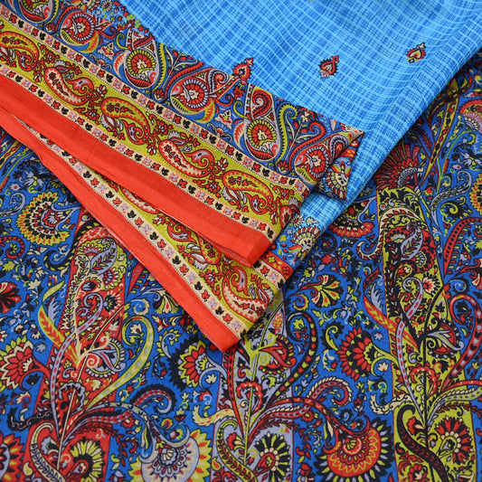 Indian Vintage Sari Blue Printed 100% Pure Cotton Sarees Craft Fabric 5Yd Sewing Sarong Wrap Boho Floral Quilting Crafting