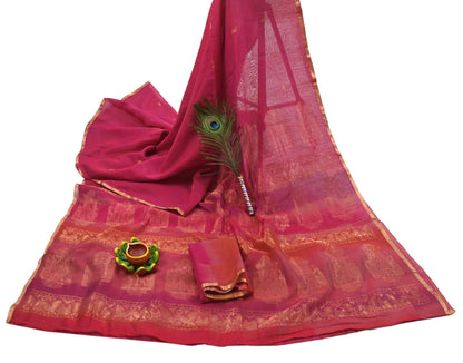 Indian Vintage Sari Pink & Orange Hand Woven Printed Sari 100% Pure Silk Sarees Craft Fabric 5yd Soft Zari Dress making Quilting Used