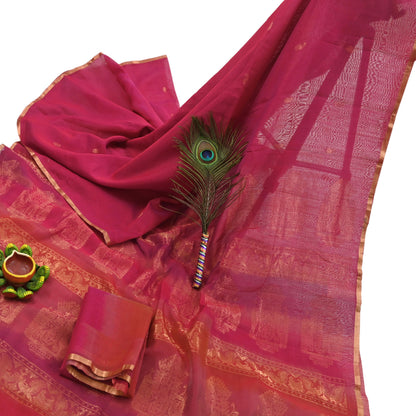 Indian Vintage Sari Pink & Orange Hand Woven Printed Sari 100% Pure Silk Sarees Craft Fabric 5yd Soft Zari Dress making Quilting Used