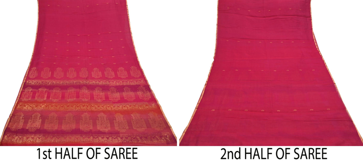 Indian Vintage Sari Pink & Orange Hand Woven Printed Sari 100% Pure Silk Sarees Craft Fabric 5yd Soft Zari Dress making Quilting Used