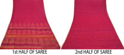 Indian Vintage Sari Pink & Orange Hand Woven Printed Sari 100% Pure Silk Sarees Craft Fabric 5yd Soft Zari Dress making Quilting Used