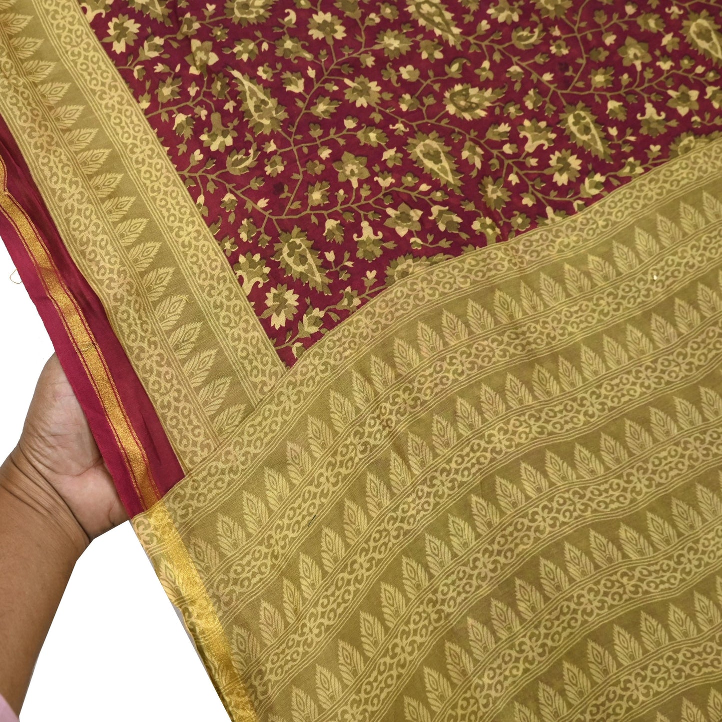 Indian Vintage Sari Maroon Green chanderi Silk Bagru Printed Saree 5Yd Fabric Floral Soft Zari Border Ethnic Upcycle Crafting Dress making