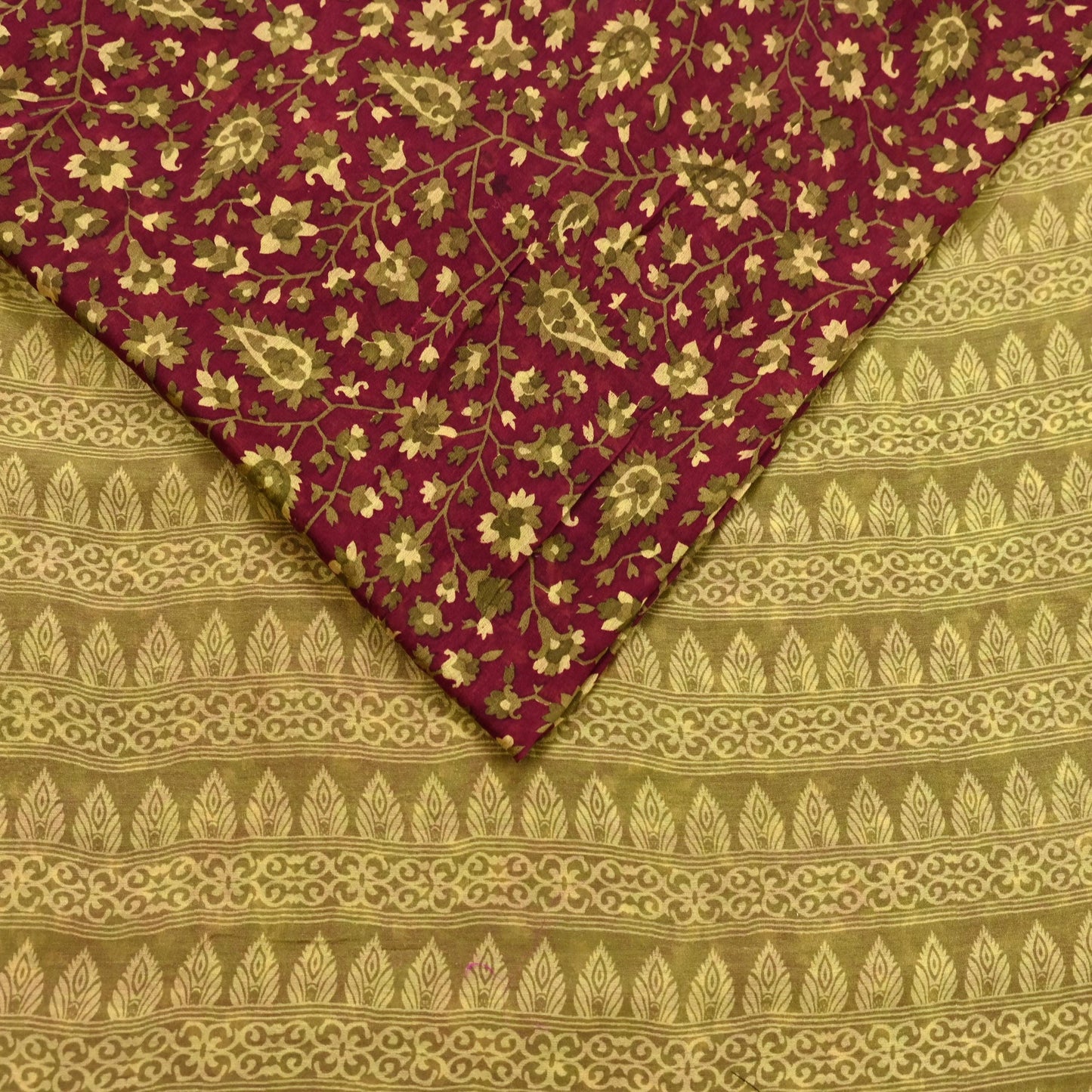 Indian Vintage Sari Maroon Green chanderi Silk Bagru Printed Saree 5Yd Fabric Floral Soft Zari Border Ethnic Upcycle Crafting Dress making