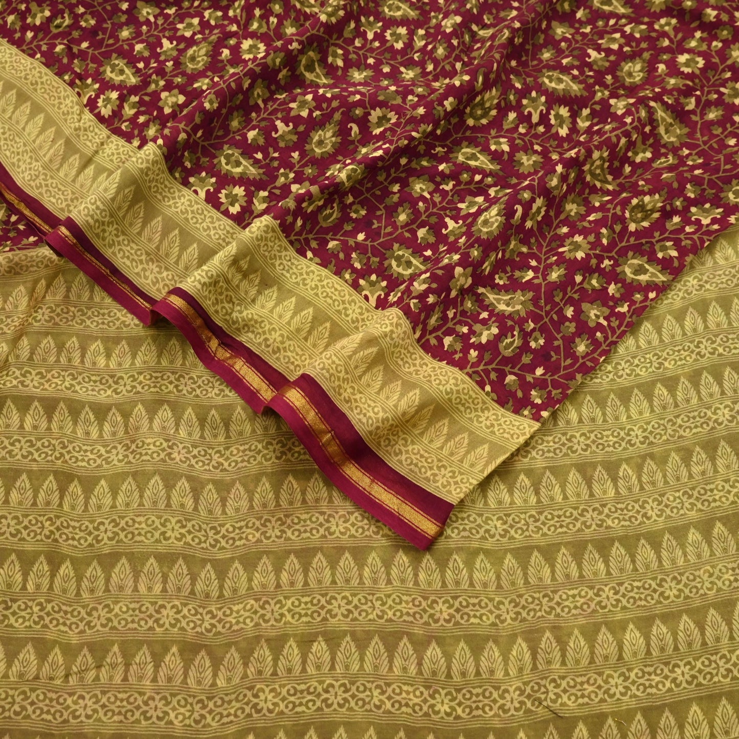 Indian Vintage Sari Maroon Green chanderi Silk Bagru Printed Saree 5Yd Fabric Floral Soft Zari Border Ethnic Upcycle Crafting Dress making