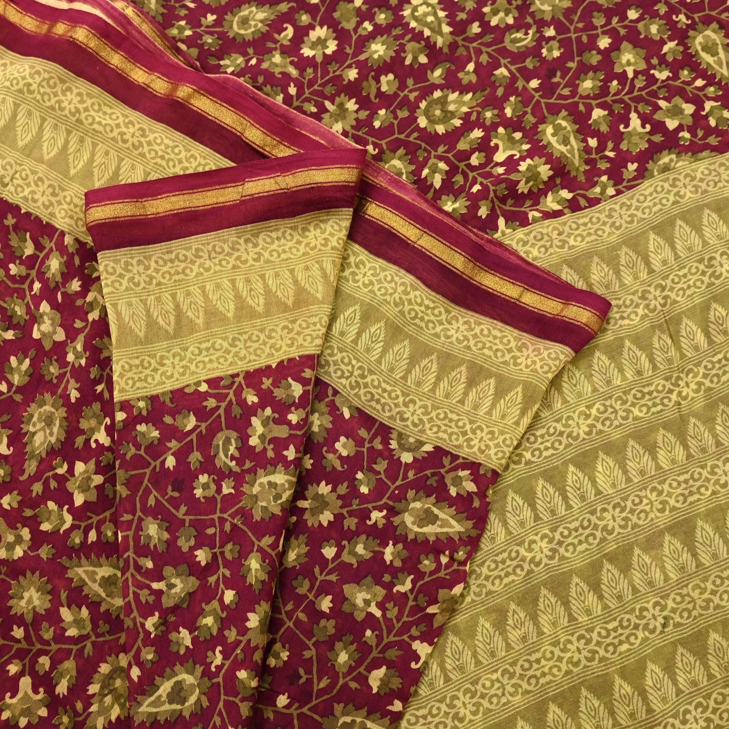 Indian Vintage Sari Maroon Green chanderi Silk Bagru Printed Saree 5Yd Fabric Floral Soft Zari Border Ethnic Upcycle Crafting Dress making