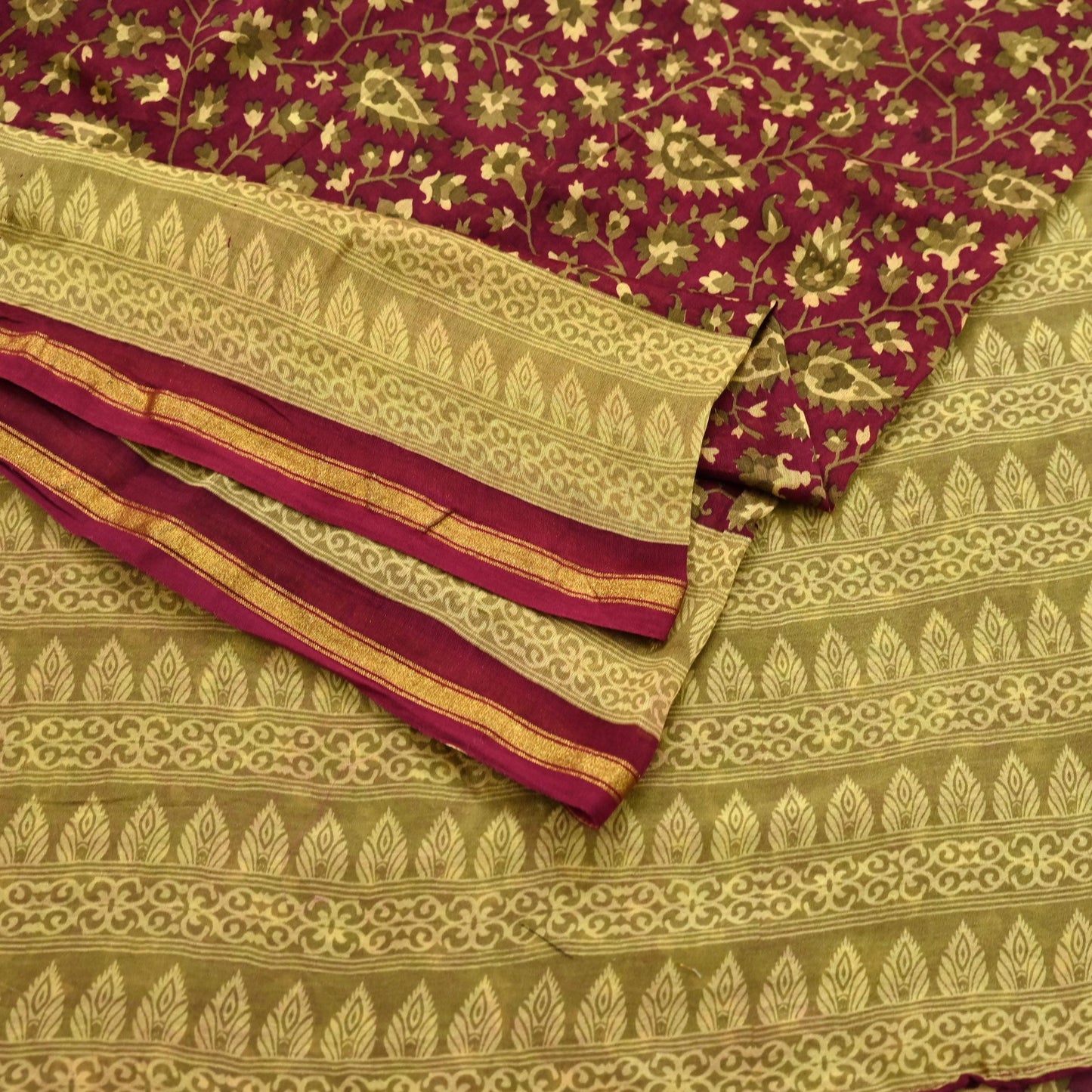 Indian Vintage Sari Maroon Green chanderi Silk Bagru Printed Saree 5Yd Fabric Floral Soft Zari Border Ethnic Upcycle Crafting Dress making