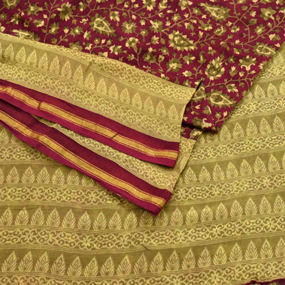 Indian Vintage Sari Maroon Green chanderi Silk Bagru Printed Saree 5Yd Fabric Floral Soft Zari Border Ethnic Upcycle Crafting Dress making