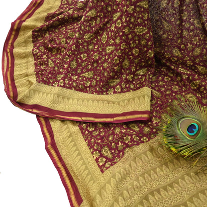Indian Vintage Sari Maroon Green chanderi Silk Bagru Printed Saree 5Yd Fabric Floral Soft Zari Border Ethnic Upcycle Crafting Dress making