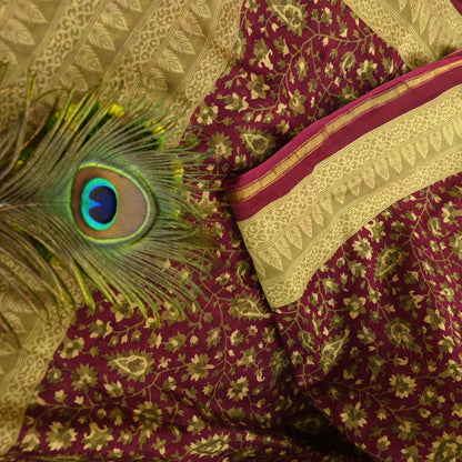 Indian Vintage Sari Maroon Green chanderi Silk Bagru Printed Saree 5Yd Fabric Floral Soft Zari Border Ethnic Upcycle Crafting Dress making