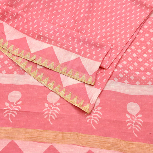 Indian Vintage Pink Block Printed Pure Chanderi Silk Saree Floral Zari Border 5 Yards Soft Craft Fabric for Upcycling, Dressmaking,