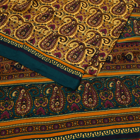 Indian Vintage Green Beige Moss Crepe Printed Saree Floral Design 6 Yards Soft Craft Fabric for Dressmaking, Décor, Quilting, & Upcycling