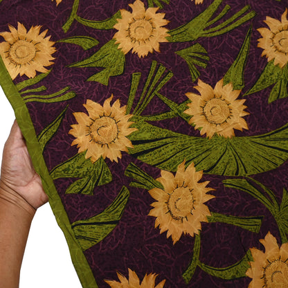 Indian Vintage Sari Green & Purple Pure Crepe Silk Printed Saree 5yard Sewing Sun Flower Soft Craft Fabric Wrap