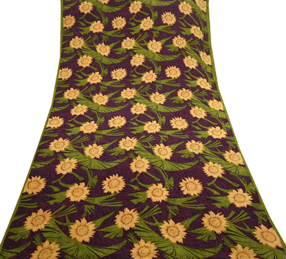 Indian Vintage Sari Green & Purple Pure Crepe Silk Printed Saree 5yard Sewing Sun Flower Soft Craft Fabric Wrap