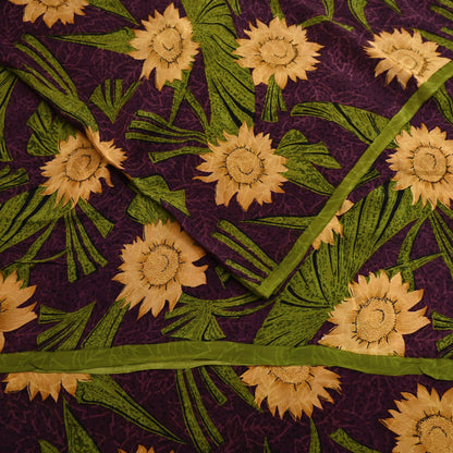 Indian Vintage Sari Green & Purple Pure Crepe Silk Printed Saree 5yard Sewing Sun Flower Soft Craft Fabric Wrap