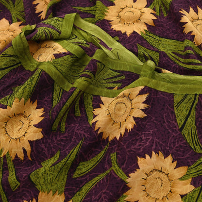 Indian Vintage Sari Green & Purple Pure Crepe Silk Printed Saree 5yard Sewing Sun Flower Soft Craft Fabric Wrap