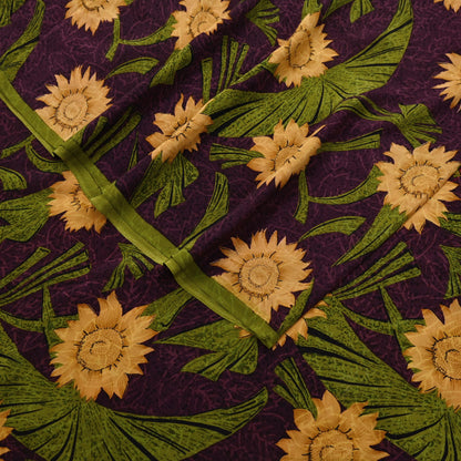 Indian Vintage Sari Green & Purple Pure Crepe Silk Printed Saree 5yard Sewing Sun Flower Soft Craft Fabric Wrap