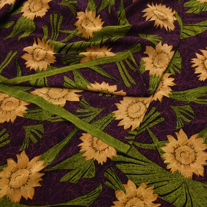 Indian Vintage Sari Green & Purple Pure Crepe Silk Printed Saree 5yard Sewing Sun Flower Soft Craft Fabric Wrap