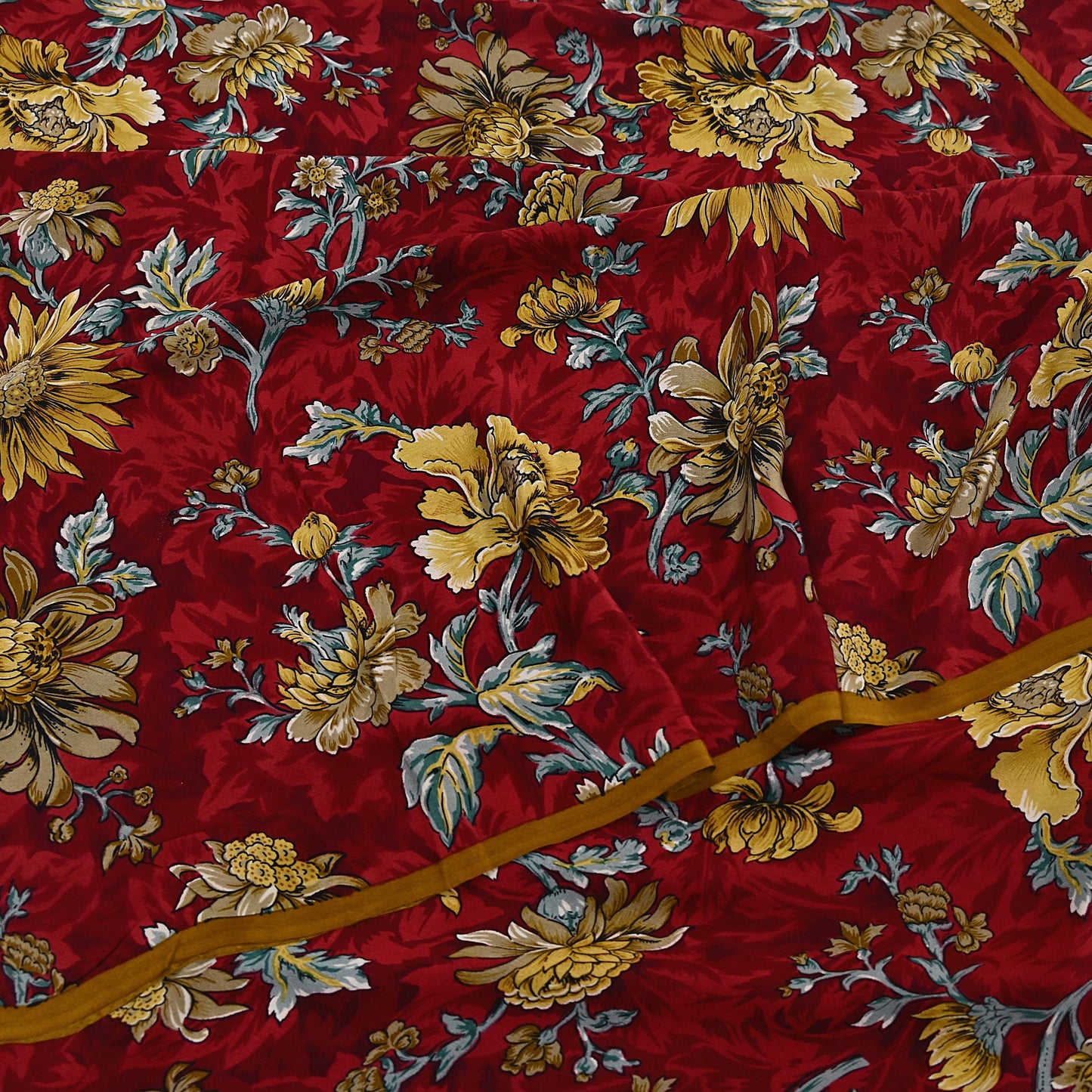 Indian Vintage Sari Red Pure Crepe Silk Printed Saree 5yard Sewing Quilting Floral Soft Craft Fabric Wrap