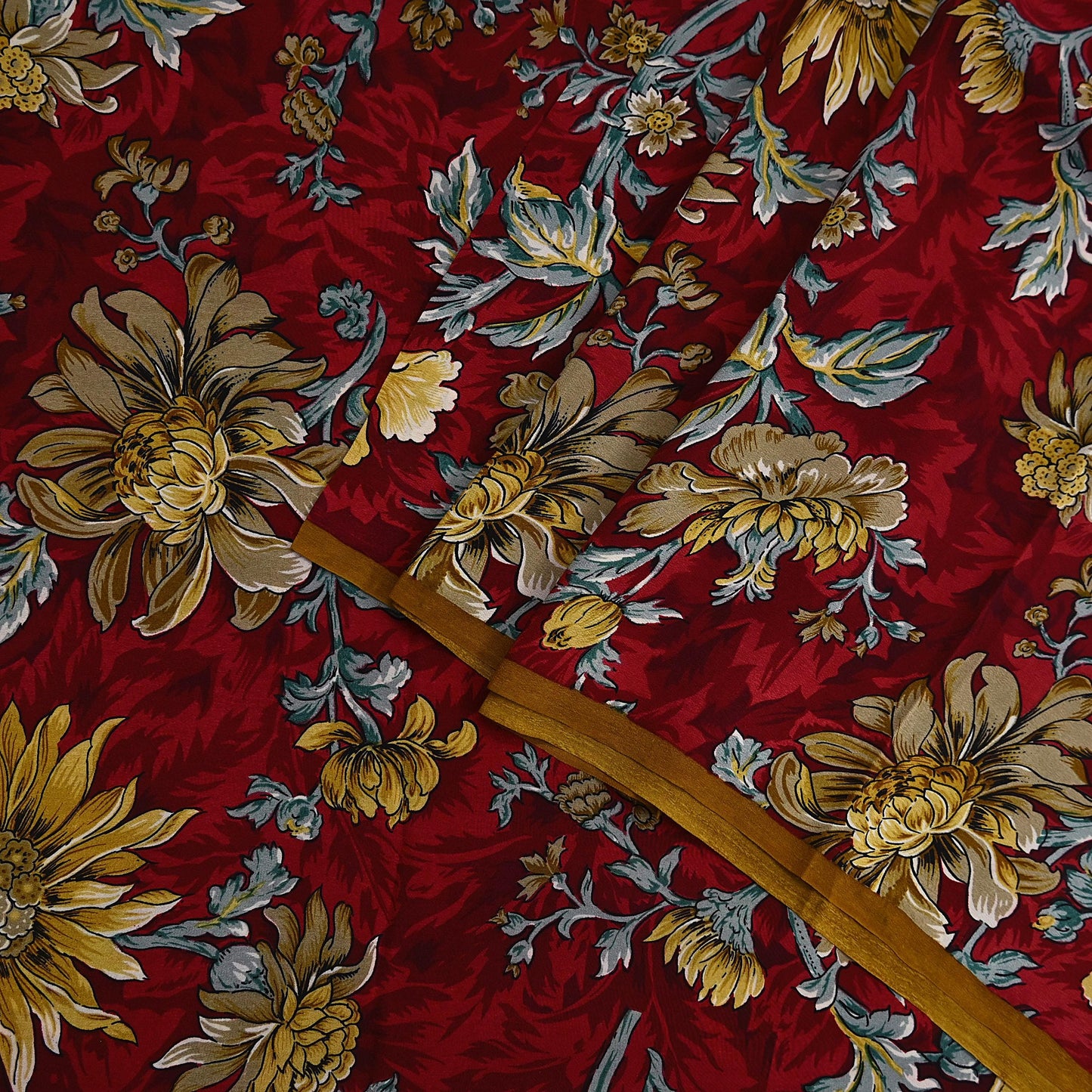 Indian Vintage Sari Red Pure Crepe Silk Printed Saree 5yard Sewing Quilting Floral Soft Craft Fabric Wrap